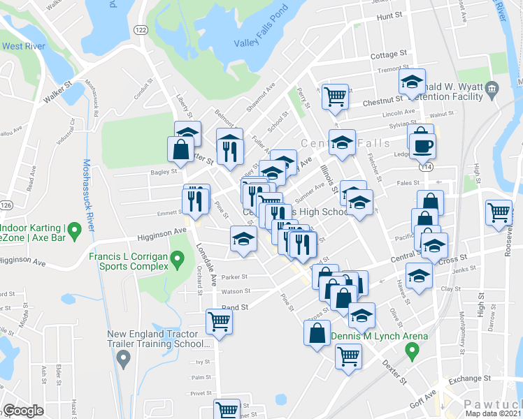 map of restaurants, bars, coffee shops, grocery stores, and more near 364 Cowden Street in Central Falls