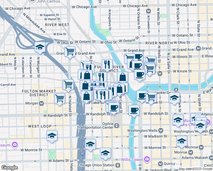 map of restaurants, bars, coffee shops, grocery stores, and more near 320 North Clinton Street in Chicago
