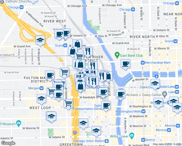 map of restaurants, bars, coffee shops, grocery stores, and more near 324 North Jefferson Street in Chicago