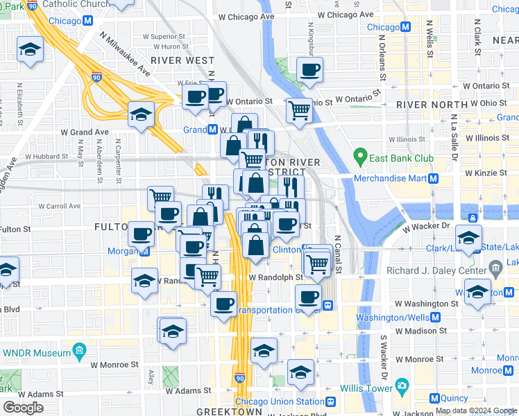 map of restaurants, bars, coffee shops, grocery stores, and more near 670 West Wayman Street in Chicago