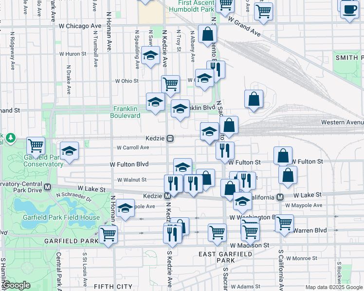 map of restaurants, bars, coffee shops, grocery stores, and more near 3122 West Carroll Avenue in Chicago