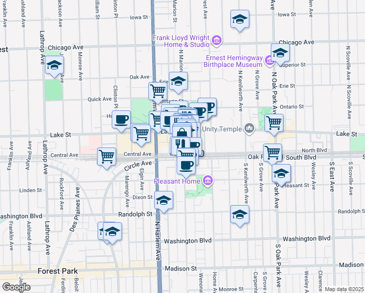 map of restaurants, bars, coffee shops, grocery stores, and more near in Oak Park