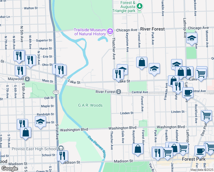 map of restaurants, bars, coffee shops, grocery stores, and more near 8017 Lake Street in River Forest