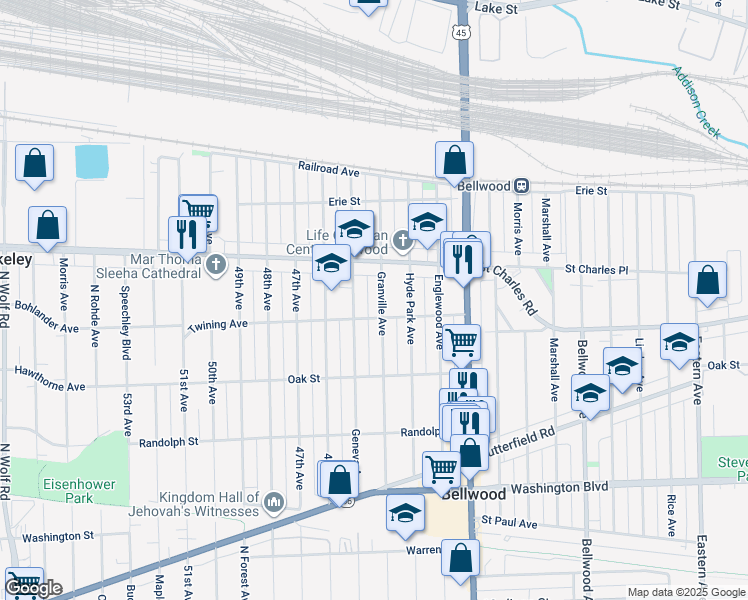 map of restaurants, bars, coffee shops, grocery stores, and more near 239 Geneva Avenue in Bellwood