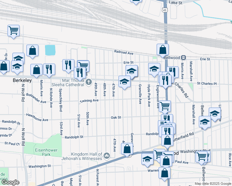 map of restaurants, bars, coffee shops, grocery stores, and more near 236 47th Avenue in Bellwood