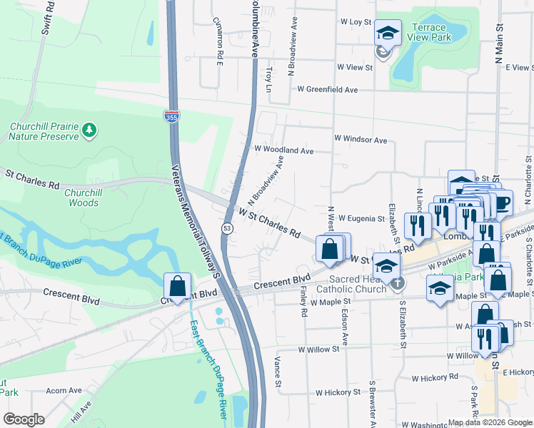 map of restaurants, bars, coffee shops, grocery stores, and more near 526 West Saint Charles Road in Lombard