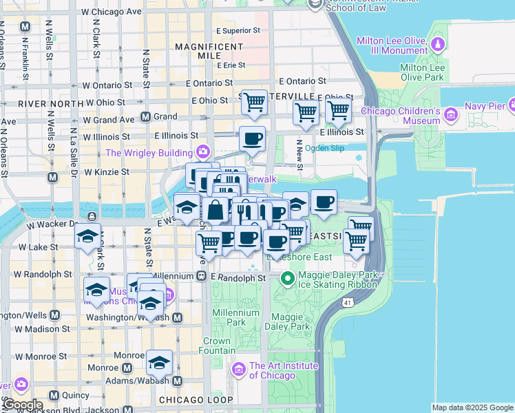 map of restaurants, bars, coffee shops, grocery stores, and more near 233 East Wacker Drive in Chicago
