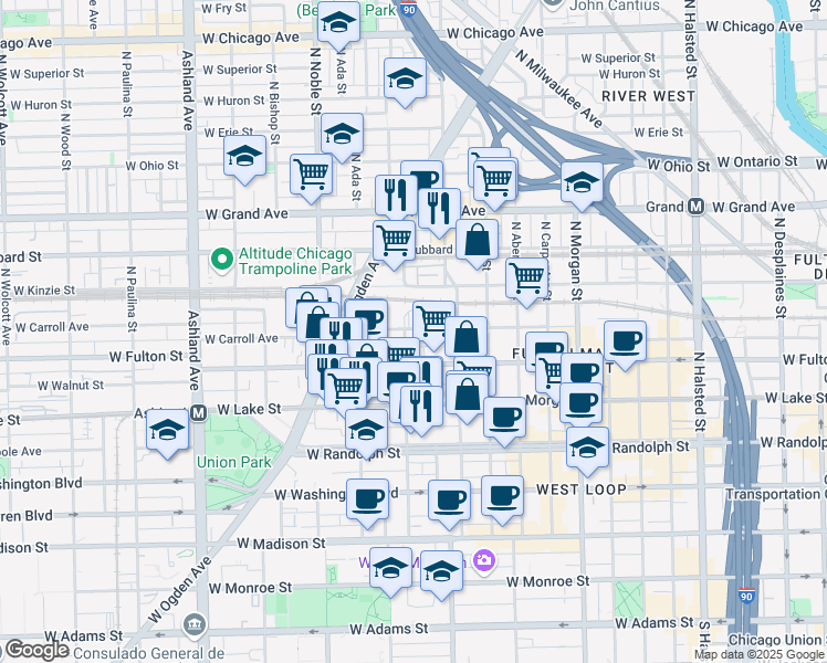 map of restaurants, bars, coffee shops, grocery stores, and more near 315 North Elizabeth Street in Chicago
