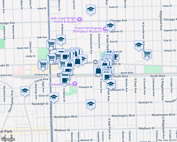 map of restaurants, bars, coffee shops, grocery stores, and more near 922 North Boulevard in Oak Park