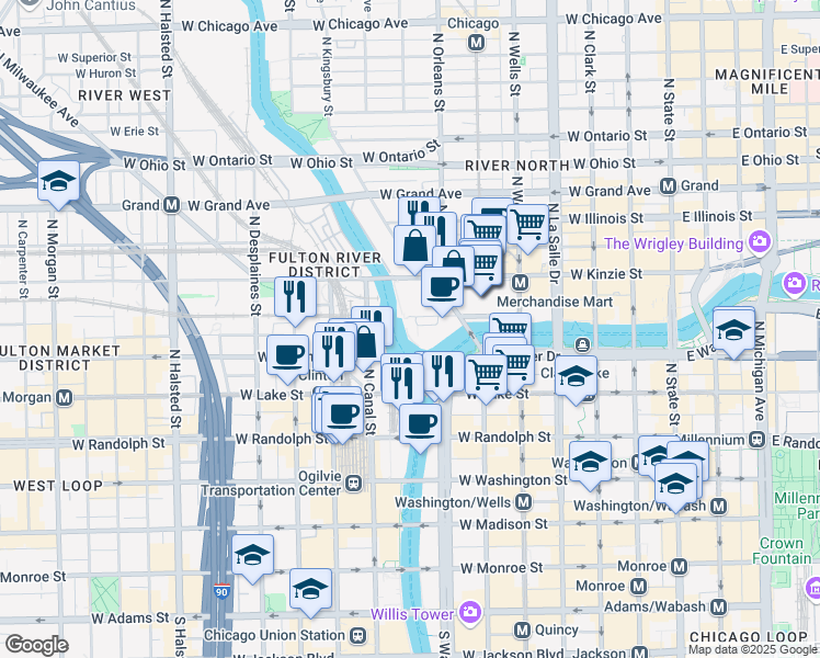 map of restaurants, bars, coffee shops, grocery stores, and more near 343 West Wolf Point Plaza in Chicago
