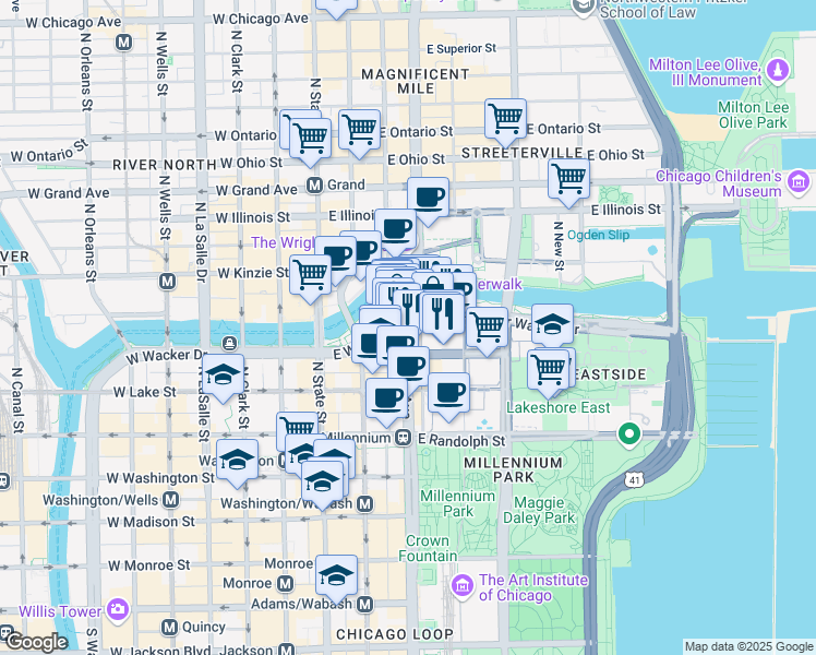map of restaurants, bars, coffee shops, grocery stores, and more near 333 North Michigan Avenue in Chicago
