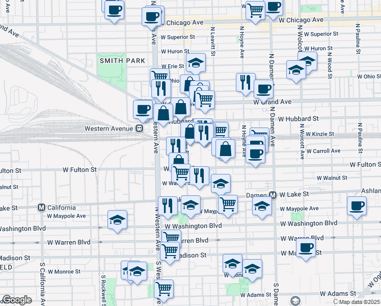 map of restaurants, bars, coffee shops, grocery stores, and more near 329 North Oakley Boulevard in Chicago