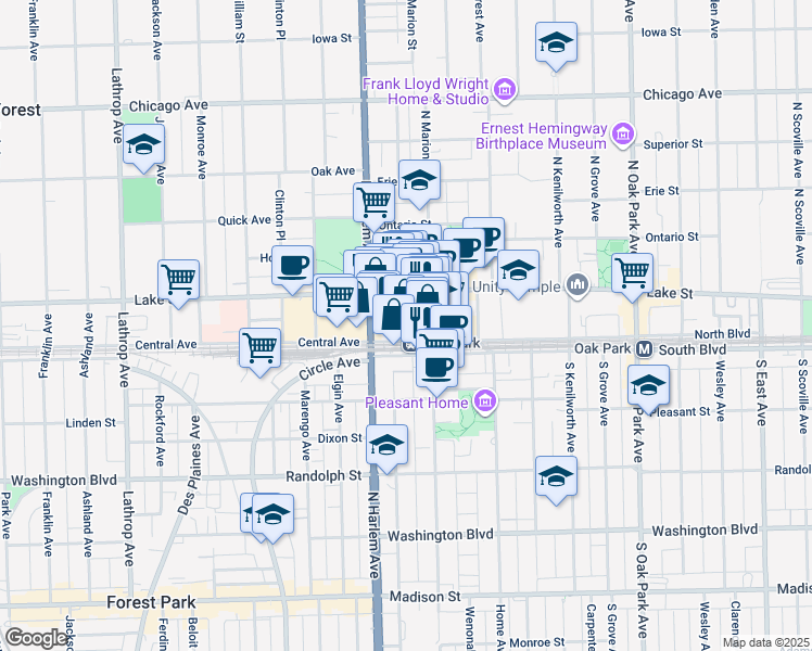 map of restaurants, bars, coffee shops, grocery stores, and more near 1135 Westgate Street in Oak Park
