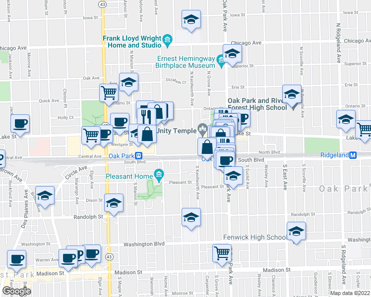 map of restaurants, bars, coffee shops, grocery stores, and more near in Oak Park