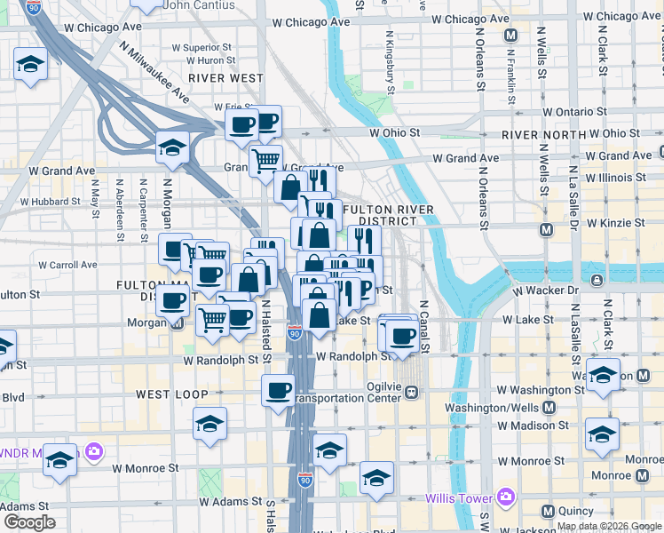 map of restaurants, bars, coffee shops, grocery stores, and more near 340 North Desplaines Street in Chicago