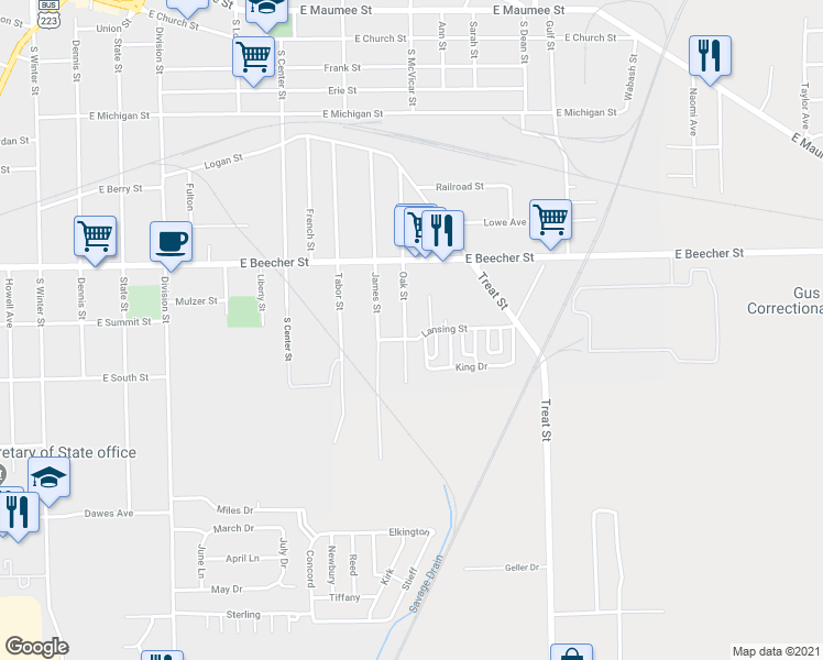 map of restaurants, bars, coffee shops, grocery stores, and more near 845 Oak Street in Adrian