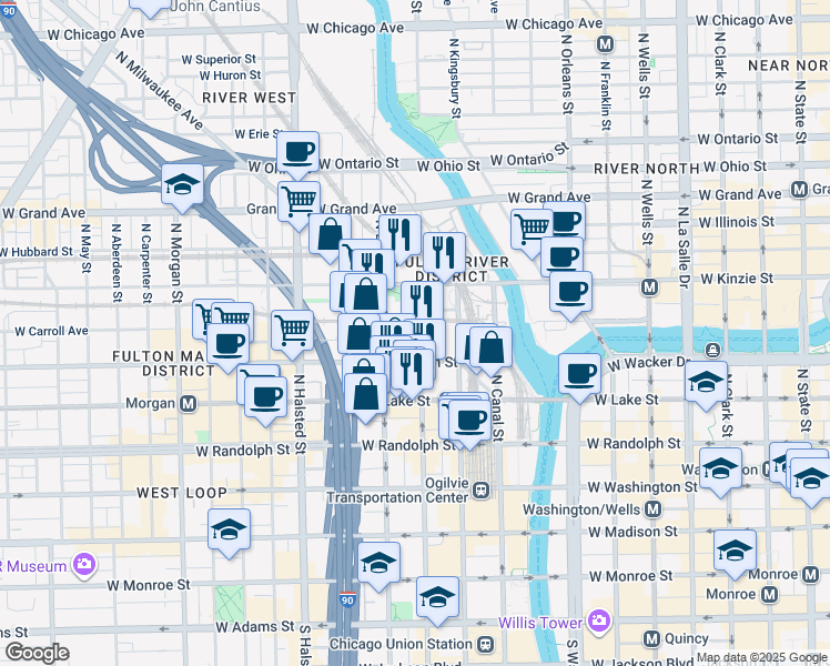map of restaurants, bars, coffee shops, grocery stores, and more near 324 North Jefferson Street in Chicago