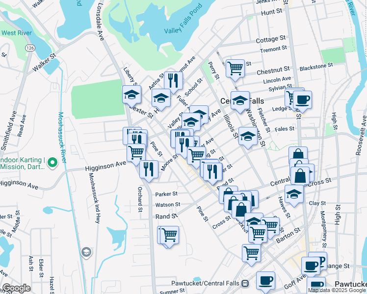 map of restaurants, bars, coffee shops, grocery stores, and more near 364 Cowden Street in Central Falls