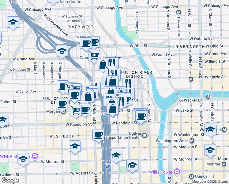 map of restaurants, bars, coffee shops, grocery stores, and more near 650 West Wayman Street in Chicago