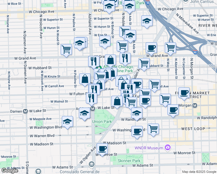map of restaurants, bars, coffee shops, grocery stores, and more near 1502 West Carroll Avenue in Chicago