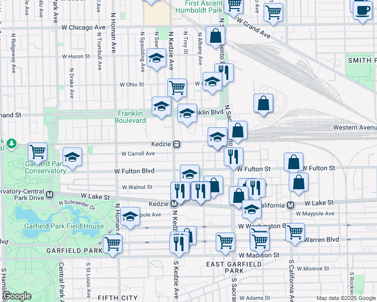 map of restaurants, bars, coffee shops, grocery stores, and more near 3122 West Carroll Avenue in Chicago