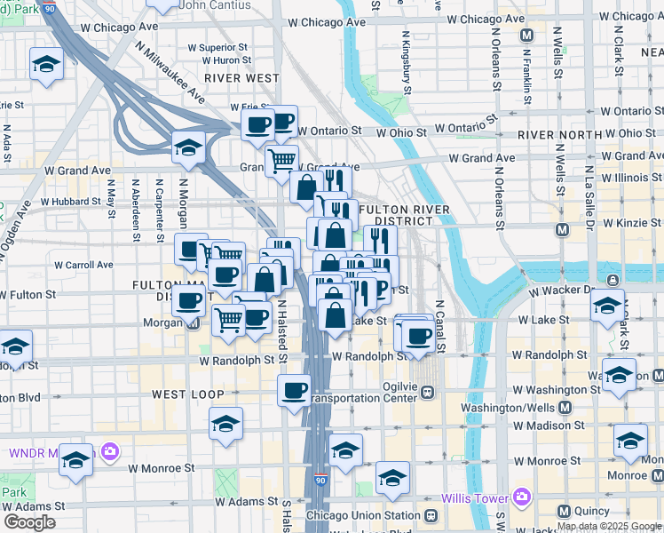 map of restaurants, bars, coffee shops, grocery stores, and more near 660 West Wayman Street in Chicago