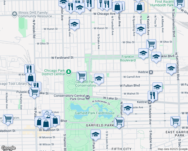 map of restaurants, bars, coffee shops, grocery stores, and more near 343 North Central Park Avenue in Chicago