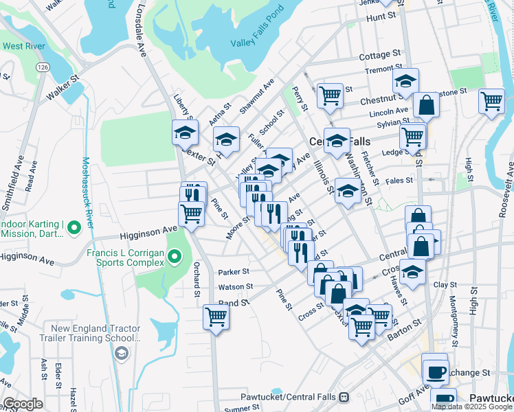 map of restaurants, bars, coffee shops, grocery stores, and more near 373 Cowden Street in Central Falls