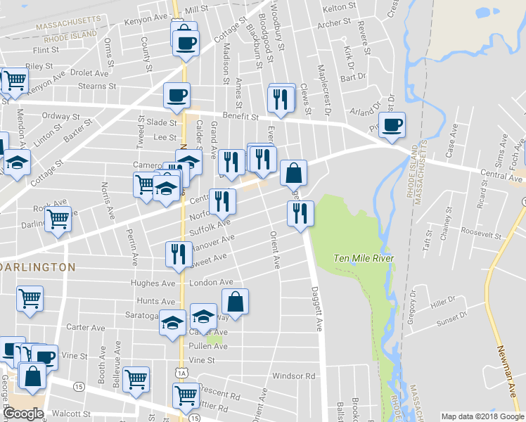 map of restaurants, bars, coffee shops, grocery stores, and more near 237 Suffolk Avenue in Pawtucket
