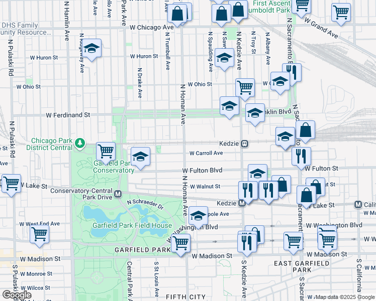 map of restaurants, bars, coffee shops, grocery stores, and more near 3356 West Carroll Avenue in Chicago