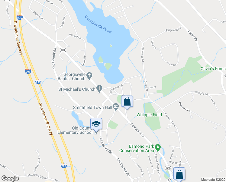 map of restaurants, bars, coffee shops, grocery stores, and more near 3 Stillwater Road in Smithfield