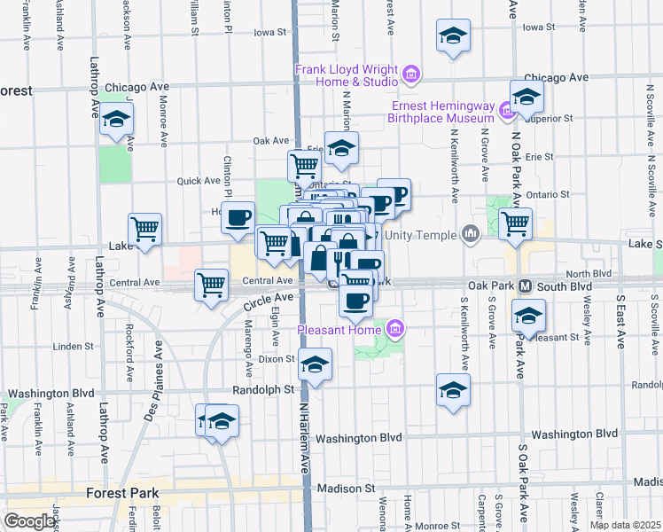 map of restaurants, bars, coffee shops, grocery stores, and more near 1165 Westgate Street in Oak Park