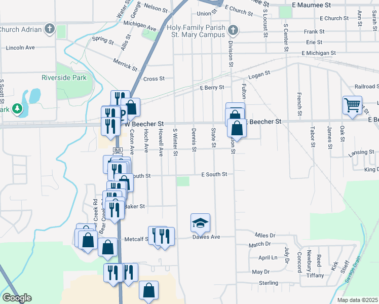map of restaurants, bars, coffee shops, grocery stores, and more near 107 West Summit Street in Adrian