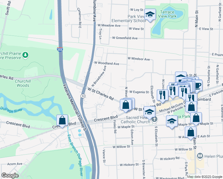 map of restaurants, bars, coffee shops, grocery stores, and more near 25 North Glenview Avenue in Lombard