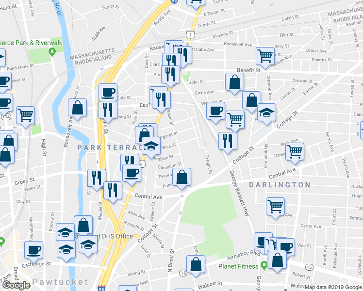 map of restaurants, bars, coffee shops, grocery stores, and more near 231 Japonica Street in Pawtucket