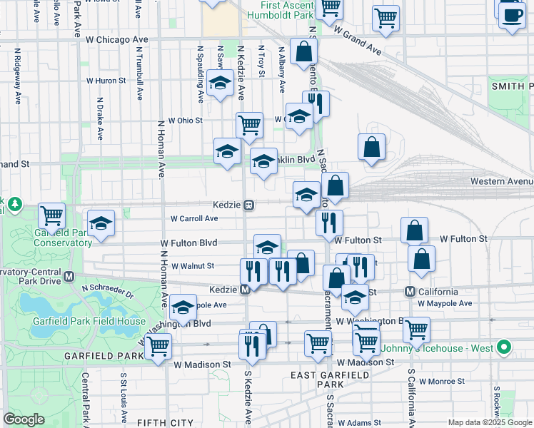 map of restaurants, bars, coffee shops, grocery stores, and more near 3122 West Carroll Avenue in Chicago