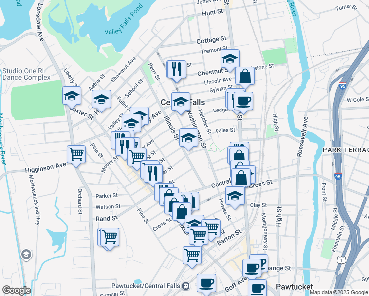 map of restaurants, bars, coffee shops, grocery stores, and more near 130 Illinois Street in Central Falls