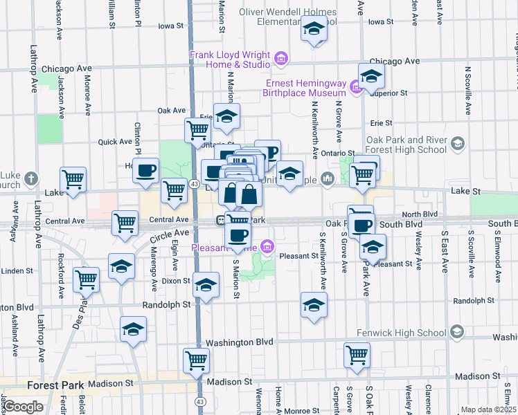 map of restaurants, bars, coffee shops, grocery stores, and more near 1006 North Blvd in Oak Park