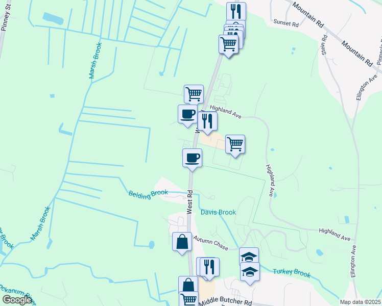 map of restaurants, bars, coffee shops, grocery stores, and more near 127 West Road in Ellington