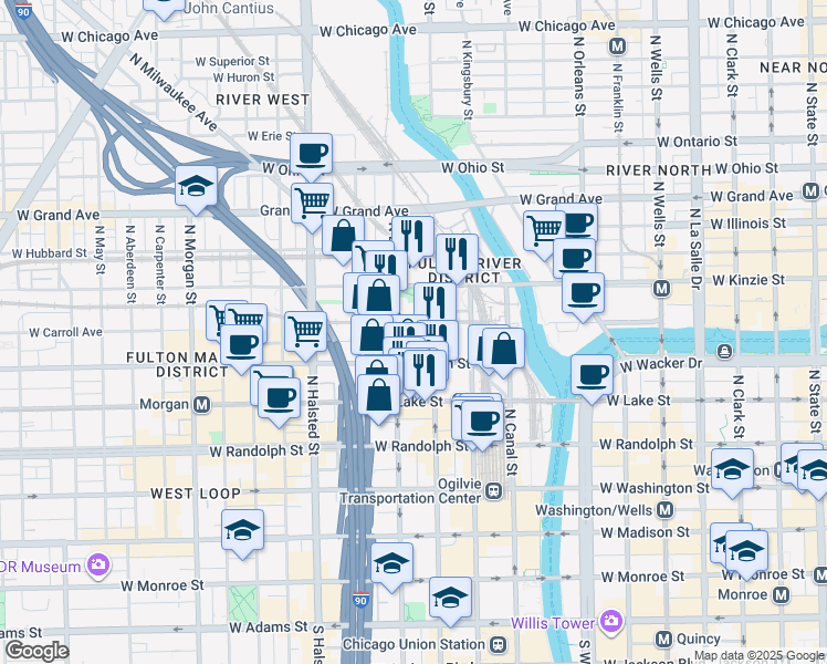 map of restaurants, bars, coffee shops, grocery stores, and more near 324 North Jefferson Street in Chicago