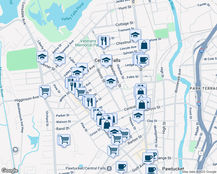 map of restaurants, bars, coffee shops, grocery stores, and more near 130 Illinois Street in Central Falls
