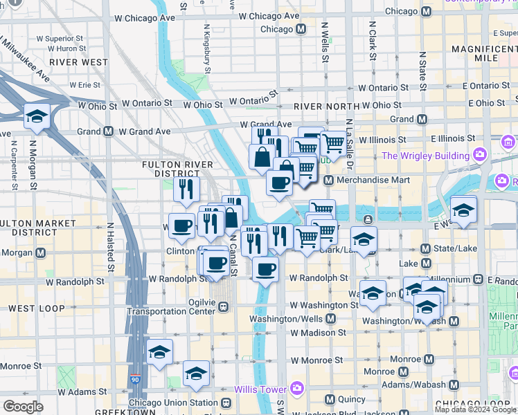 map of restaurants, bars, coffee shops, grocery stores, and more near 333 North Canal Street in Chicago