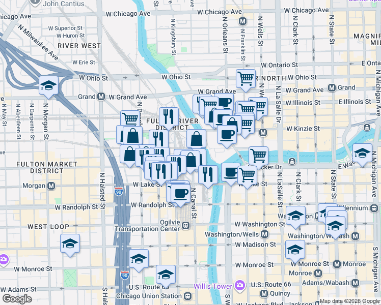 map of restaurants, bars, coffee shops, grocery stores, and more near in Chicago