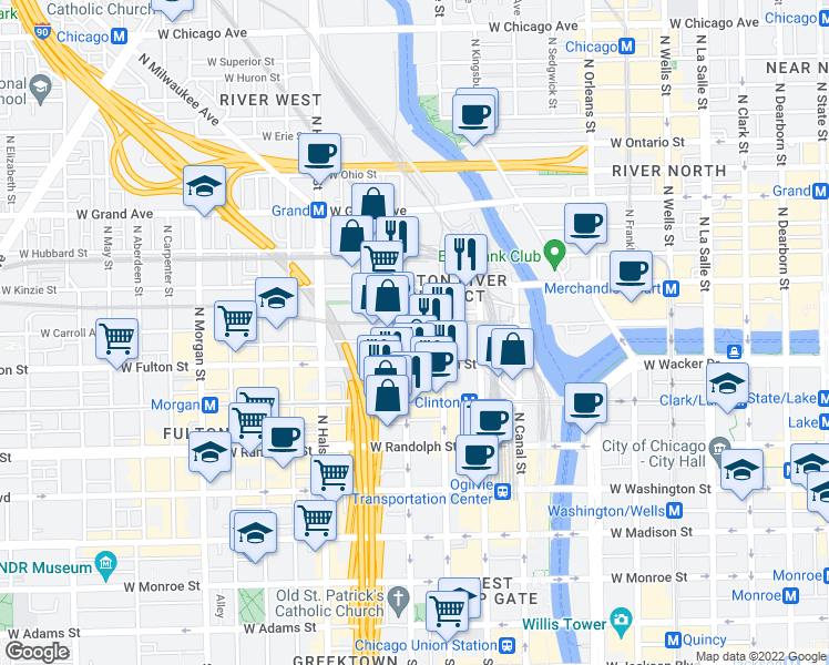 map of restaurants, bars, coffee shops, grocery stores, and more near 324 North Jefferson Street in Chicago