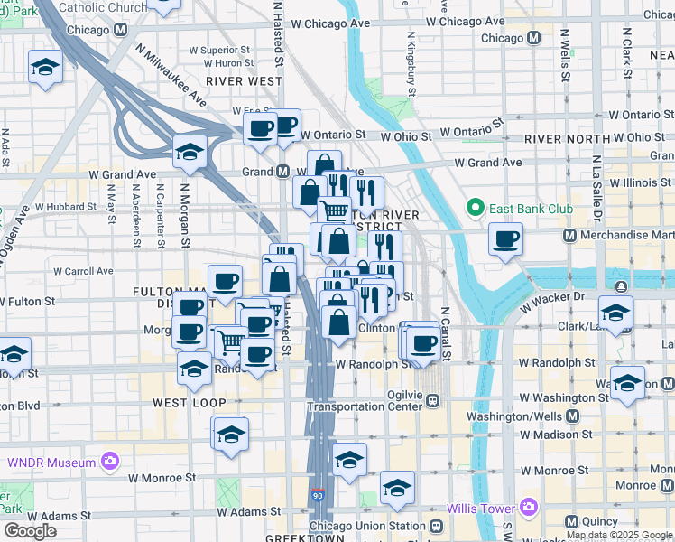 map of restaurants, bars, coffee shops, grocery stores, and more near 670 West Wayman Street in Chicago