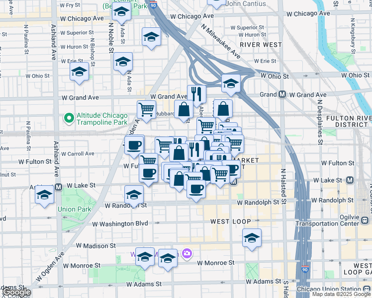 map of restaurants, bars, coffee shops, grocery stores, and more near 323 North May Street in Chicago