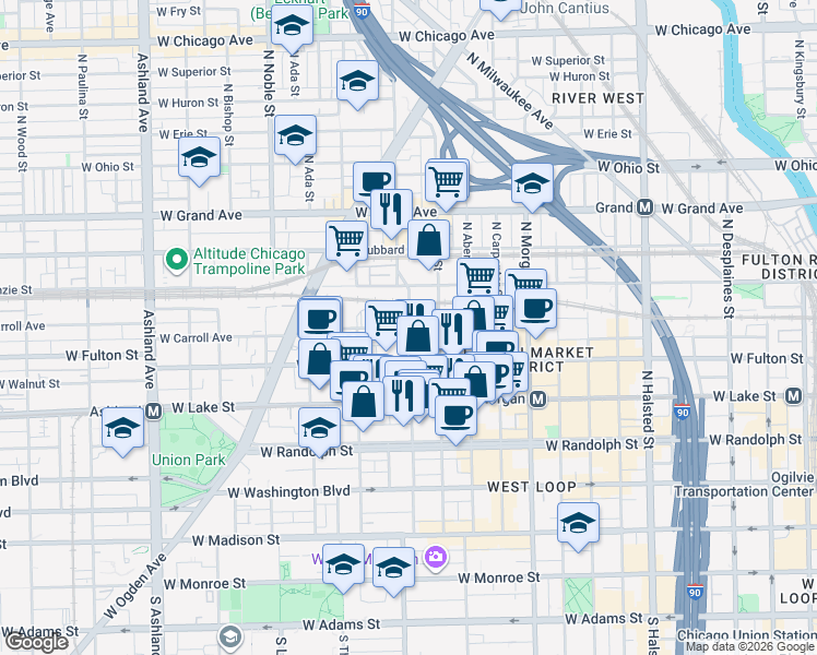 map of restaurants, bars, coffee shops, grocery stores, and more near 326 North Racine Avenue in Chicago