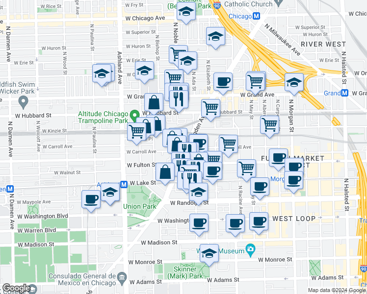 map of restaurants, bars, coffee shops, grocery stores, and more near 340 North Ogden Avenue in Chicago