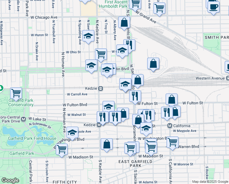 map of restaurants, bars, coffee shops, grocery stores, and more near 319 North Albany Avenue in Chicago