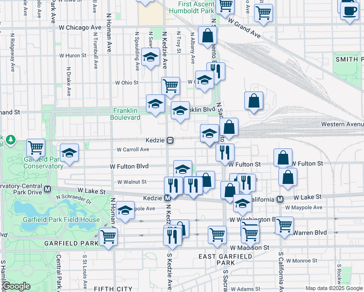 map of restaurants, bars, coffee shops, grocery stores, and more near 3122 West Carroll Avenue in Chicago